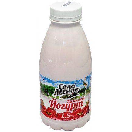 Йогурт питьевой с клубникой Село Лесное, 1,5%, 450гр, бутылка